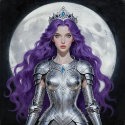 painting of slim priestess of the moon, silver filigree armor and tiara, moon above head, purple wavy hair, smooth translucent skin, wide striking eyes, beautiful! coherent! symmetrical body, by brom, by brian froud, strong line, high contrast, muted color, 4 k, trending on artstation