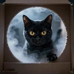 schrodinger's black cat plans its revenge, angry, inside its box, looking at us from a porthole, waporware, raytracing, dreamy, sharp focus, cinematic lighting, highly detailed, artstation, divine, by gauthier leblanc