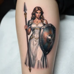 tattoo design, a female valkyrie holding a sheild and spear wearing a white dress, made by artgerm, artgerm, trending on artstation, beautiful