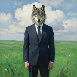 portrait of a wolfman on a suit in the middle of a green field, white clouds in sky, surreal, impressionist painting, digital painting, artstation, rob gonsalves