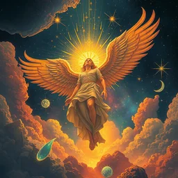 an highly detailed illustration of an angel of the sun, in the cosmos by victo ngai, peter mohrbacher digital art saturated colors