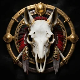 portrait closeup of half wolf skull half iroquois warrior skull, dramatic lighting, circural, golden ornaments, symmetric, intricate skeletal decorations, symmetry, highly detailed, concept art, black, glimpse of red, white, gold layers, centered, style of nekroxiii, hyperrealistic, black background, smoke
