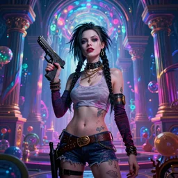 Extreme long Shot of psychedelic Jill valentine standing with glock17 in mysterious chromatic astral temple    , beautiful, dmt, trending on artstation, omnious, soft, hypermaximalistic, high details, cinematic, 8k resolution, artwork by Wong, Liam
