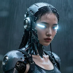 photo of female dancer as a cyberpunk mecha humanoid robotic head shoulder parts with straight bright led lights, under heavy rain, wet skin with water dripping down face, ultra - realistic and detailed, 8 k