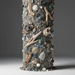 a pillar of plastic garbage, river pebbles, and driftwood forming a rugged column by zaha hadid, parametric design