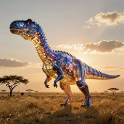 luminous psionic dinosaur on the savannah during golden hour, fantasy concept art