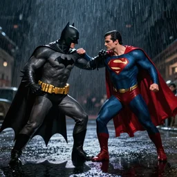 batman punching superman on a rainy night, dramatic lighting, epic