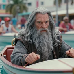 beautiful hyperrealism three point perspective film still of Gandalf the grey boat racing  in Miami Vice(1988) extreme closeup portrait in style of 1990s frontiers in translucent porclein miniature street photography seinen manga fashion edition, miniature porcelain model, focus on face, eye contact, tilt shift style scene background, soft lighting, Kodak Portra 400, cinematic style, telephoto by Emmanuel Lubezki