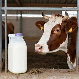 cow inside a cage looking a milk box