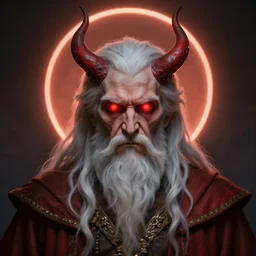 the old man with red glowing eyes, infernal icon with halo, color detailed art, 4 k