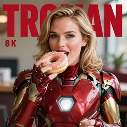 elizabeth holmes wearing the iron man suit, eating a donut, photograph 8 k, depth of field, magazine cover