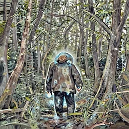 a dirty lost person is following a floating blue softly glowing ball of light through the swampy forest, art by Alberto Rocha .