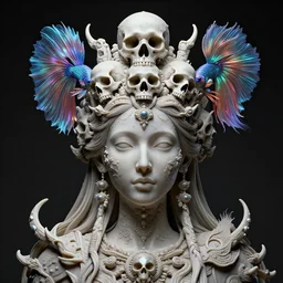 symmetrical, centered, zbrush sculpt of goddess close-up portrait wigh crown made of skulls. phoenix betta fish, phoenix, bioluminiscent creature, super intricate ornaments artwork by Tooth Wu and wlop and alena aenami and greg rutkowski