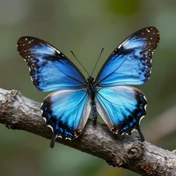 a translucent-blue butterfly with intricate black designs. the butterfly is sitting on a tree limb. close-up