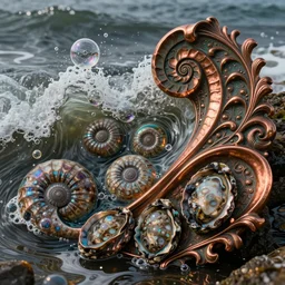 bubbles in cresting oil slick waves, ammonites, abalone, ornate art nouveau patina copper ornament, rococo, organic rippling spirals, photorealistic octane render, iridescent glass art forms from nature by ernst haeckel