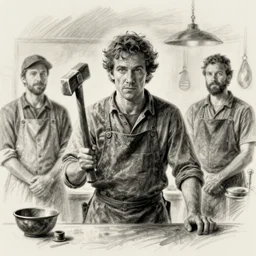 film scene, charcoal sketch of charlie day, a blacksmith holding a hammer, casey baugh, louis smith, jeff haines