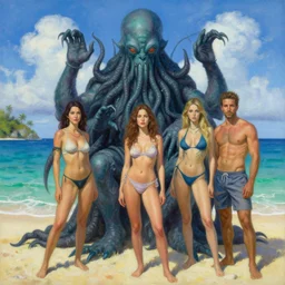 portrait of cthulhu on vacation on caribbean island. intricate painting by ross tran, magali villeneuve, and jeremy mann. wearing a bikini.