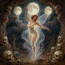 concept art of translucent glowing curvy sexy buxom brown fairy dancing, renaissance, flowy, melting, round moons, rich clouds, very detailed, volumetric light, mist, fine art, decaying, textured oil over canvas, epic fantasy art, very colorful, ornate intricate scales, walls and floor of cave made of skulls, fractal gems, 8 k, high contrast