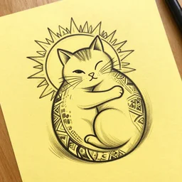tattoo sketch of a cat hugging the sun, on a yellow paper, african ornament, line art, vector