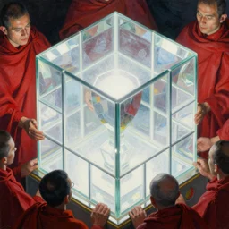 closeup of worshippers in red robes holding a very complex gigantic glass tesseract violently illuminating a small glass room with glass windows, very bright white light, small room!!!!!!!!!, glass room, glass, enlightening!, closeup!!!!!!!!!, very harsh lighting!!!!, high detailed beksinski painting, part by adrian ghenie and gerhard richter. masterpiece, bright white