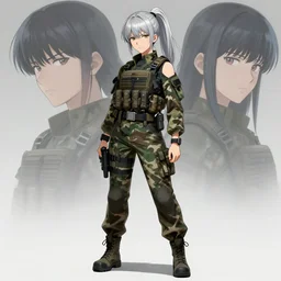 girl, silver hair (ponytail), multicam (camo), posing, (trending on artstation), beautiful face, cinematic full body shot, ilustration by Takehiko Inoue ((and Yoann Lossel))