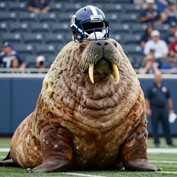 an absolutely enormous walrus on an NFL sideline, wearing a football helmet
