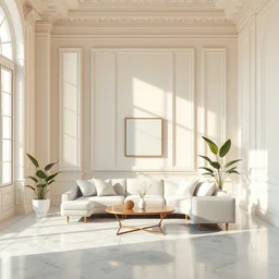 a modern indoor room, clean architecture, pastel colored, baroque, a couch, a couch table, some fresh plants, daylight, peaceful, 8 k octane render