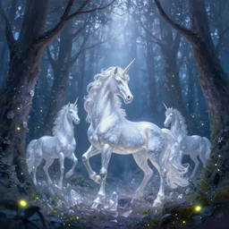 there is a silver unicorn in the forest, unicorns around the shimmering light, fireflies flying in the forest, the dreamy crystal atmosphere ， super wide angle ， matte painting ， rtx on ， by karine eibatova and john pitre ， trending on cgsociety and artstation, volumetric light ， surreal