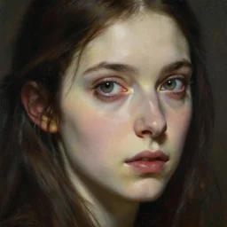 high quality high detail portrait of a young ugly female warlock looking away from the camera, detailed eyes, eyes do not reflect, no hands visiblefantasy, d & d, painting by lucian freud and mark brooks, hd