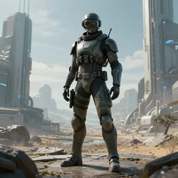futuristic soldier, in a futuristic dystopian landscape, digital art