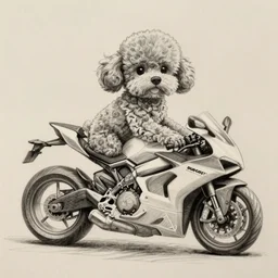 pencil sketch of a poodle riding a ducati