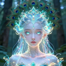 beautiful expressive hyperdetailed symmetrical young princess with translucent skin, big electric eyes, ultra detailed ornate neon wire lacing, peacock headdress, micro detail, by satoshi kon, marc adamus, sharp focus, ultra wide angle, volumetric rays, wooded background, 8 k