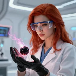 league of legends concept art beautiful young female scientist looking at small black hole in her hands, protective safety glasses, long red hair, futuristic laboratory in background, black hole with plasma jets, art by charles liu, 🍑, leather gloves, close up shot, white interior, fantasy style, soft lighting, vibrant color scheme, volumetric lighting, octane render, commission art, 8 k resolution