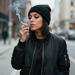 photograph portrait of a mixed woman with face tattoos smoking a cigarette wearing a black beanie and black bomber jacket, urban environment, depth of field, 8k, hd, award-winning, 82 mm sigma