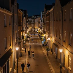 high quality photograph of a city street at night, photo taken at eye height, nightlife, people walking, 4 k professional photograph, nice place to live, midrise buildings, narrow streets, soft warm street lamps, small windows, cozy, trending on artstation, detailed, beautiful, photograph, realistic