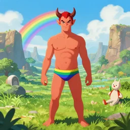 a male devil wears a swimming trunks , hell, landscape, pride, rainbow, environment, artstation