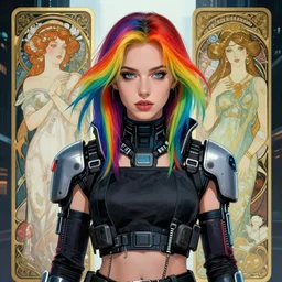 woman with rainbow hair wearing cyberpunk clothing in a metropolis, high detail, crisp shading, in the style of greg rutkowski and alphonse mucha and andree wallin, portrait