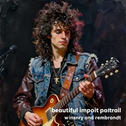 “beautiful impasto portrait of a punk rock young man with long curly dark hair and a denim vest over a leather jacket playing guitar, as painted by winslow henry and rembrandt”