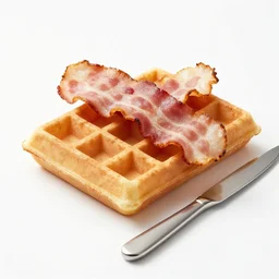product photography of a waffle, bacon, and knife