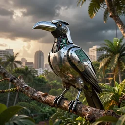 robotic scifi tropical bird with chrome beak and metal wings perched on a tree branch, lush city park, golden hour, intense storm clouds, city background, electronics circuit board and wires, panels and rivets, grunge and dirt, sharp details, octane render, artstation, lamborghini