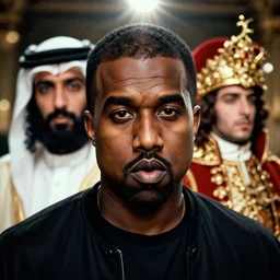 kanye west as muammar kadhafi and emperor napoleon, splash art, movie still, detailed face, cinematic lighting, dramatic, octane render, long lens, shallow depth of field, bokeh, anamorphic lens flare, 8 k, hyper detailed, 3 5 mm film grain