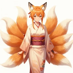A beautiful anime-style full-body digital portrait of a beautiful young woman with fox ears and nine fox tails wearing a kimono, by Stanley Artgerm Lau, WLOP, Rossdraws, LeraPi, and Sakimichan, tranding on artstation, SFW version