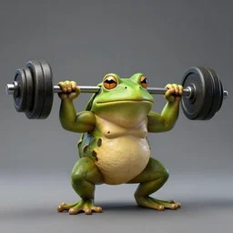 A muscular frog lifting weights, studio photography