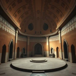 symmetry!! wide view inside!!! a round temple, big room in the center, made of ochre and white adobe walls, different altars in separate alcoves, light coming from outside, atmospheric high fantasy matte painting by craig mullins and marc simonetti and ivan shishkin, trending on artstation