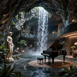 a futuristic apartment interior in the style of a waterfall cave, grand piano, Greek statue, wet floors, high ceiling, dark moody lighting, foggy atmosphere, 10mm lens, by Craig Mullins and frank lloyd wright and, octane rendering