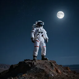 american astronaut standing on a top of a mountain in socotra island, starry night, moonlit, cinematic lighting, atmospheric, realistic, octane render, highly detailed, color graded, in the style of craig mullins
