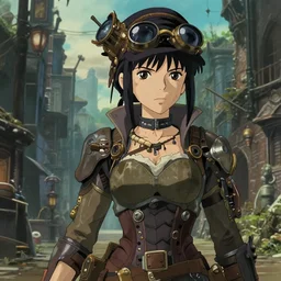a full body portrait of a confident steampunk - dieselpunk woman adventurer, finely detailed features, closeup at the faces, perfect art, at an ancient city, gapmoe yandere grimdark, trending on pixiv fanbox, painted by greg rutkowski makoto shinkai takashi takeuchi studio ghibli, akihiko yoshida