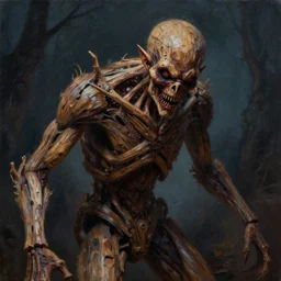 hyper realistic oil painting of a horrible and cruel creature made of wood, by night. complex and highly detailed, no noise, no grain, clear render, no blur, horror movie scene, octane render, greg rutkowski style.