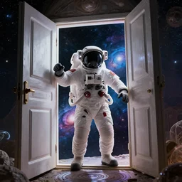 psychedelic astronaut opening door that shows us space time and the universe, highly detailed and epic composition.