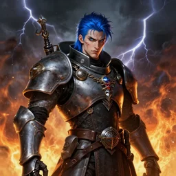 portrait of beautiful gothic young man, warhammer, cyber armor, a lot of scars, thunderstorm and fire, blue head, the middle ages, highly detailed, artstation, illustration, art by jean delville, 8 k quality, art by leon gerome, greg gandy,